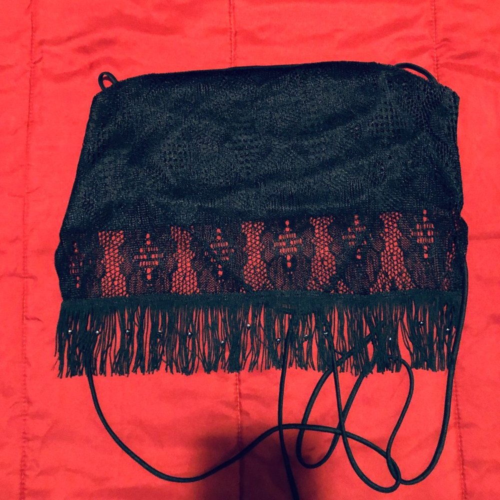 Black Crochet & Fringe Front Panel w/ Lace Up Back Top - Size  S